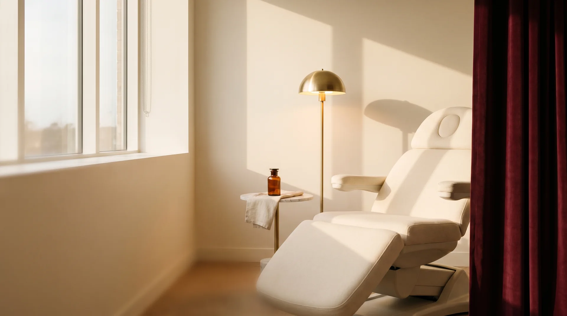 A quiet, light-filled clinic treatment space with a single chair, the setting for recovery and renewal